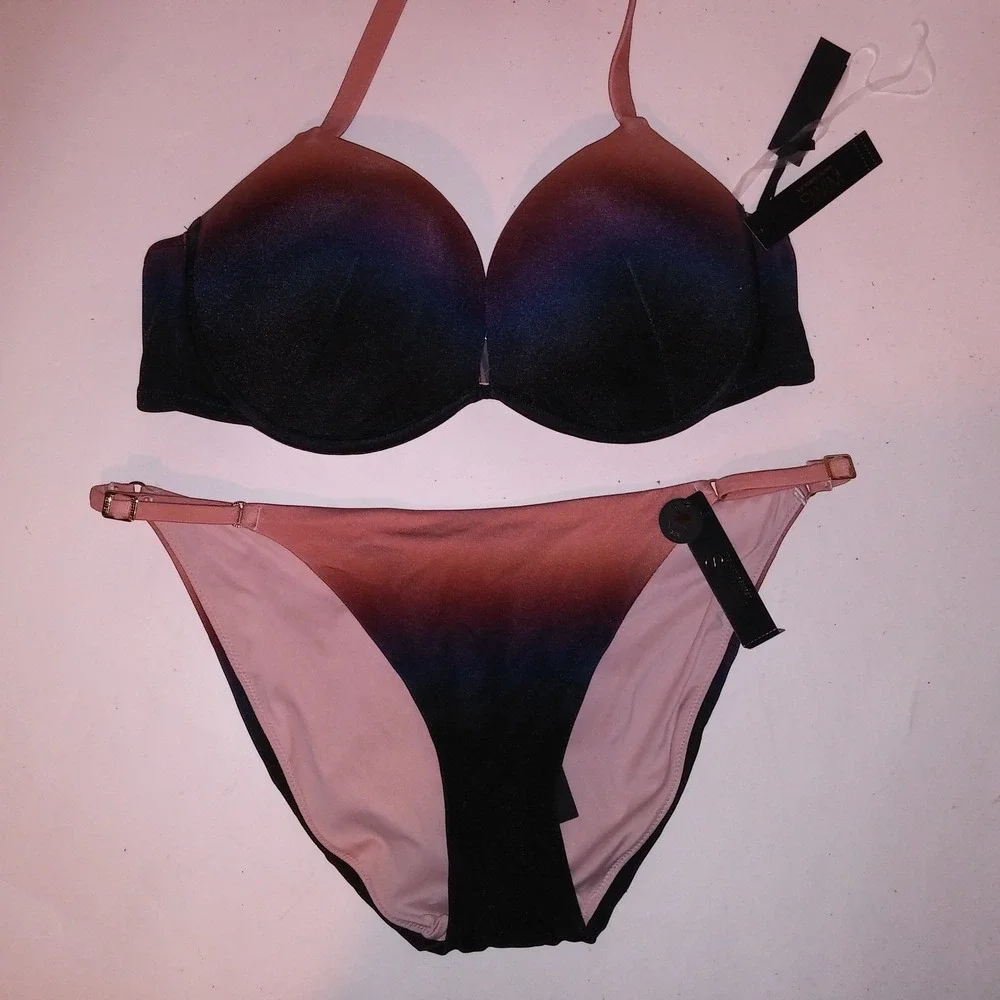 Victoria Secret Swim Bikini 38C Top XL Bottom Ombre Black Mauve Push Up String